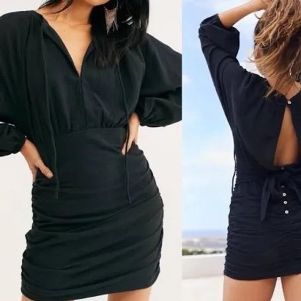 Free People Black Ruched Mini Dress Open Back Bishop Sleeve Tie Front Womens S‎